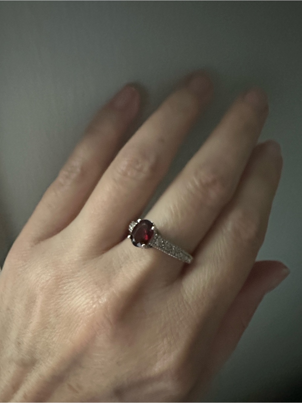Silver Toned Garnet and CZ Accent Ring Size 9